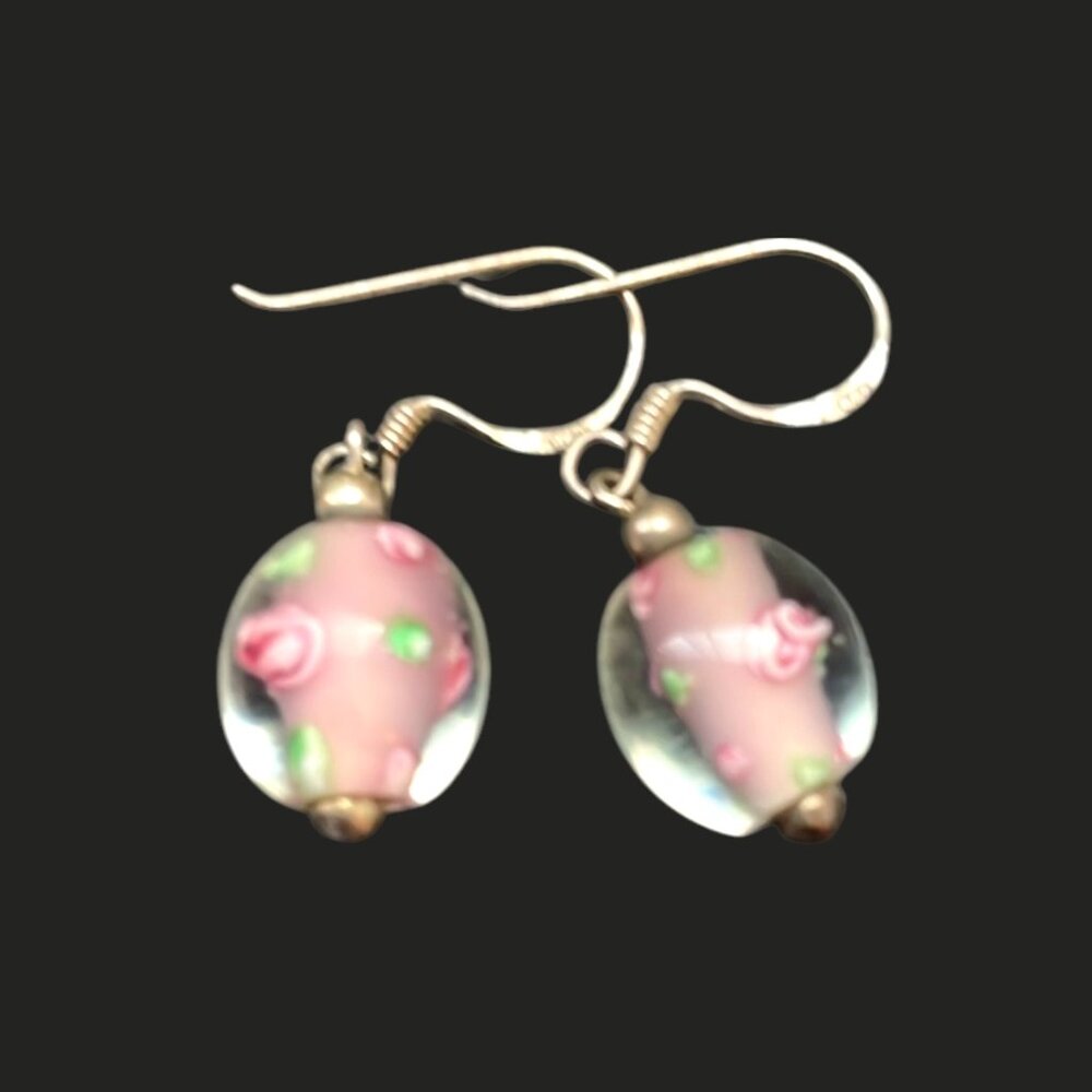 Elegant Pink Floral Drop Silver Earrings